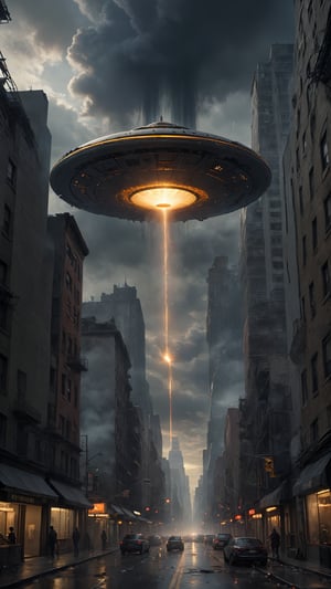 A hyper-detailed, photorealistic depiction of a catastrophic scene in a gloomy New York cityscape. A sleek, ultra-photoreal golden UFO hovers above the concrete jungle, its eerie glow illuminating the darkened sky. The once-majestic skyscraper now lies in ruins, ravaged by intense laser blasts that rip through steel and concrete with precision. Amidst the chaos, explosive debris litters the streets, as a cloud of smoldering smoke billows into the air, casting an ominous shadow over the devastation. Cinematic shading accentuates every detail, from the UFO's metallic sheen to the fractured glass and twisted metal, creating a visually stunning spectacle that seems plucked straight from the big screen.