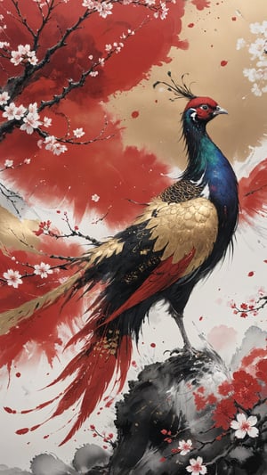 art based on red and white,Traditional Japanese art style,((gold leaf art materials)), beautiful long tale pheasant , figurative cherry blossoms,Color Splash,ink,depth of field,ptical osmosis