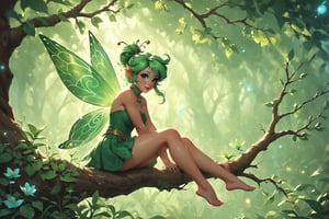 score_9, score_6_up, score_5_up,Very detailed, perfect image, a whimsical masterpiece of a A tiny curvy fairy, reminiscent of Tinkerbell, sits delicately on a tree branch, her porcelain-white skin glistening in the warm light. She wears a very short green skirt, barely visible beneath her transparent insect wings, which shimmer and dance in the soft glow. The surrounding garden, ablaze with vibrant flora, creates a sense of enchantment as it wraps around the wooden cottage, its rustic charm complementing the fairy's ethereal beauty.