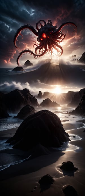 Panoramic shot of a black sand desert, eerily lit by a faint red sun peeking through cloudy skies. Giant, otherworldly creatures with cable-like tentacles suspended in the air, as if floating on an unseen current. Cinemascope framing captures every detail, from the intricate texture of the sand to the creatures' ethereal features. Moody and epic, this photorealistic image is rendered with cinematic finesse, complete with film grain and atmospheric lighting that evokes a sense of mystery and wonder.