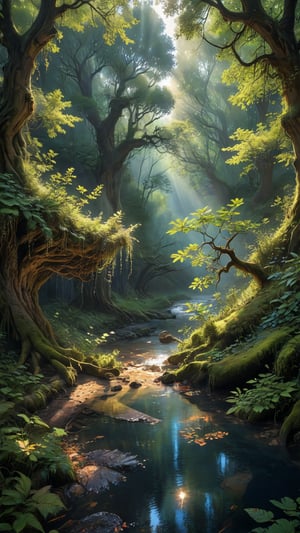 In a serene forest, ancient trees rise like giants, their gnarled branches tangled above. Dappled sunlight filters through leaves, casting warm, honeyed hues across the forest floor. A gentle stream babbles, its crystal clear waters reflecting the vibrant colors of the surrounding foliage. Mystical creatures peer from behind the verdant curtains, their ethereal forms aglow in the soft light.

Cosmos lights twinkle like diamonds against a deep indigo sky, as stars whisper secrets to the forest. The atmosphere is tranquil, enchanting, and alive with ancient magic.