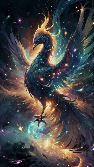 A magnificent cosmic phoenix, marvel comic style, shimmering lights, spells around, whirls of vapor, iridescent texture, ethereal ambiance, delicate details, insane amount of details, magical atmosphere, sparkles, magical elements
