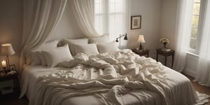 Capture a hauntingly beautiful scene from above: a sprawling bed with rumpled sheets in soft cream, white shades, set against crisp white walls and sheer curtains filtering faint luminescence. Dark shadows dance on the walls, infusing the dimly lit bedroom with an air of mystery.