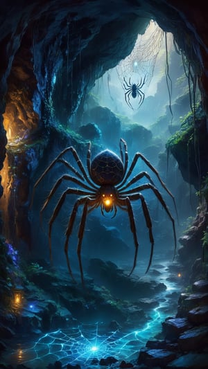 A gargantuan spider with a shimmering web spun from moonlight, its eyes glowing with otherworldly intelligence, sits at the center of a forgotten cave. The cave walls are adorned with ancient murals depicting forgotten pacts, hinting at the spider's power and the forgotten magic it guards.
, ,LegendDarkFantasy