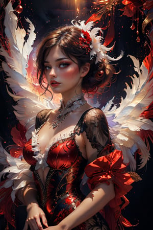 An illustration of a mesmerizing brunette Lady from 1980s Cabaret, Art Nouveau style, adorned with rhinestones and delicate hair makeup featuring elegant red-white feathers. Set against a backdrop of rich velvet and silk textures, the subject exudes elegance amidst deep colors, intricate lace, and soft light rays. Capture her dynamic pose, fluidly rendered in 3D fractal patterns, shimmering like water drops under an alcohol ink glow. Infuse with divine presence, unforgettable beauty, and breathtaking poise, as if suspended in a dreamy, surreal atmosphere of volumetric light, auras, and reflected bright colors, reminiscent of watercolor techniques, soft shadows, cinematic lighting, atmospheric, masterpiece, best quality, high resolution, 8K, HDR, bloom, raytracing, soft shadows, hyperdetailed, high resolution, Nikon D800, 85mm f/1.4G, bokeh, ultra detailed, official art, unity 8k wallpaper