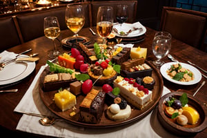 Overhead view of a fine dining restaurant scene , featuring an exquisite platter of an assortment of fruit desserts with refined details and an elegant presentation. Picture the dish served on a beautifully set table, with cinematic color grading, depth of field, and ultra-wide-angle cinematography elevating its sophisticated appearance. Lighting techniques include soft, ambient restaurant lighting, creating a luxurious atmosphere. The scene is hyper-detailed, showcasing the culinary artistry and craftsmanship of the fine dining experience. 4k resolution, delivering a visually refined and indulgent culinary experience.