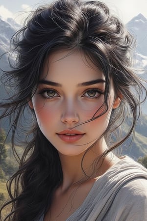 A stunning portrait of a woman with inky black hair and mesmerizing eyes that seem to hold a symmetrical harmony. Her gaze is soft and alluring, as if painted with a delicate 5b pencil stroke, subtly mixed with charcoal for added depth. Saturated colors blend seamlessly with the subject's skin tone, creating a sense of luminosity against the mountainous backdrop, where wind whispers through the peaks. Vignetting adds an air of mystery, while bright contrast highlights her features. Every detail is meticulously rendered in high definition, as if captured by a sharp-focus studio camera. Watercolor textures blend with intricate details, bringing an added layer of realism to this hyper-realistic illustration.