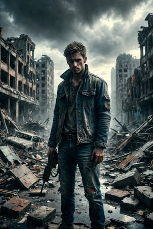 Desolate cityscape: cracked asphalt stretches before him as he stands tall amidst ruins. Worn jeans and faded jacket blend with the dystopian backdrop. Weathered face reflects the harsh realities of survival. In his hands, a battered rifle hangs limp, a symbol of surrender in a world ravaged by destruction.