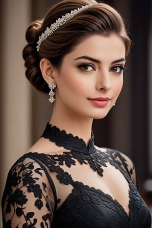 craft a hyper realistic vertical photo of Indian most attractive serious woman in her 30s, elegant black and white lace evening gown , elegant updo brown hair, trending on artstation, portrait, digital art, modern, sleek, highly detailed, formal, serious, determined, CEO, colorized, smooth, charming, pretty, soft smile, soft lips, black eyes, anne hathway