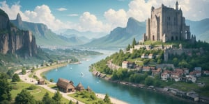 A whimsical 4K illustration depicting a breathtaking, green-tinted landscape teeming with natural wonders: rolling mountains, towering trees, and a serene river flowing gently through the heart of a majestic kingdom. In the distance, imposing castles pierce the sky, while fluffy white clouds drift lazily across the vast expanse. Amidst this serene backdrop, tiny houses and people go about their daily lives, inviting the viewer to marvel at the intricate details and sense of wonder that fills this miniature world.