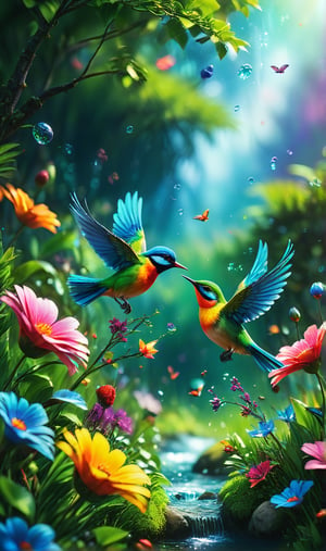 Masterpiece, best quality, high quality, highly detailed cg unity 8k wallpaper, an extremely colorful and pure fantasy environment, vibrant tones and bright skies, bright green grass landscapes, colorful trees, sparkling Fruits and bright blue flowers. The streams were deep blue, and there was a sweet, exotic flavor in the air. Environment seems taken out of a dream, glowing butterflies and huge colorful birds flying around, award winning photography, bokeh, depth of field, HDR, bloom, chromatic aberration, realistic, very detailed, trending on artstation , trending on cgsociety, intricate, high detail, dramatic, midjourney art