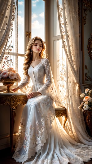 a gentle lady sits by the window, a transparent embroidered curtain is swayed by a breeze,  wearing a combination dress made of richelieu lace, made of snow-white fine fabric, the sun's rays fall on the girl's skin, she dreams, delicate pastel colors, velvet bedspreads, many interesting details, figurines, marble, crystal in the room