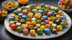 a stunning 8K ultra-realistic food photograph featuring a colorful decorated assortment of candy, beautifully decorated with intricate details. The composition should reflect Michelin-star presentation, with a focus on exquisite plating and attention to detail reminiscent of Todd Porter and Diane Cu's signature style. Capture the essence of culinary artistry