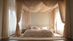 In this dimly lit bedroom, the camera frames a majestic scene from a low-angled floor level shot, looking up at the rumpled sheets in cream, peach, and pastel hues, tangled on a massive bed. The sheer curtains filter faint luminescence against brilliant white walls, while dark shadows dance upon the walls, imbuing the space with mystery.