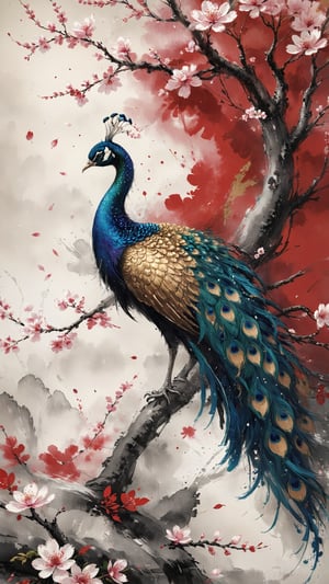 art based on red and white,Traditional Chinese art style,((gold leaf art materials)), beautiful long tale of peacock , figurative cherry blossoms,Color Splash,ink,depth of field,optical osmosis