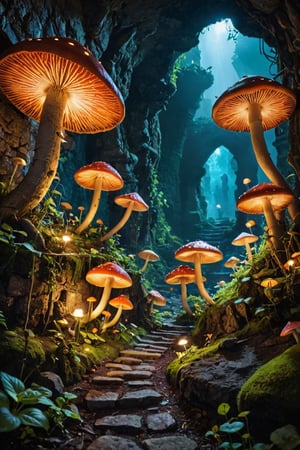 underground ancient medieval city, glowing mushrooms, breathtaking, vibrant, magic, fantasy