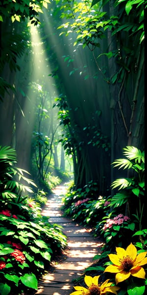 The path in the trees is depicted in a dark jungle sky. I The path, intricately woven with branches and foliage, stretches out invitingly before the viewer. Lush and vibrant greens intertwine with bursts of colorful flowers, giving the image a sense of life and enchantment. The sunlight filters through the dense canopy, casting ethereal rays that illuminate the path, conjuring a feeling of mystery and adventure. Every detail is captured with stunning clarity, displaying the remarkable quality of the image. No light no sun