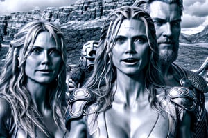 Norse Mythology: A scene with (Heidi Klum, perfect face:1.3), posing alongside gods like Odin and Thor, , set against a stark and rugged landscape reminiscent of Asgard. Hyperdetailed photorealism, 108 megapixels, amazing depth, glowing rich colors, powerful imagery, psychedelic Overtones, 3D finalrender, 3d shading, cinematic lighting, artstation concept art
