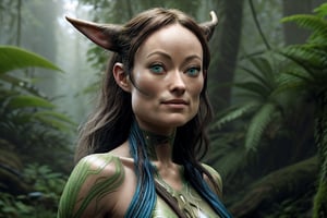 ((olivia wilde)) as actress to pose as Neytiri, a human-Na'vi hybrid living in Pandora, 0L1V14W-V1, surrounded by lush greenery and towering alien trees. trending on Artstation, 8k, masterpiece, by Greg Rutkowski, Ross Tran, WLOP, Andrei  wilde as actress to pose as Neytiri, a human-Na'vi hybrid living in Pandora, surrounded by lush greenery and towering alien trees. atmospheric lighting, stunning, brave. Eagle girl. By Makoto Shinkai, Stanley Artgerm Lau, WLOP, Rossdraws, James Jean, Andrei Riabovitchev, Marc Simonetti, krenz cushart, Sakimichan, D&D trending on ArtStation, digital ,Detailedface,High detailed, sks women,photo of perfecteyes eyes