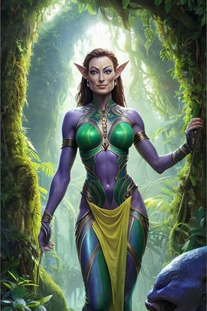 ((olivia wilde)) as actress to pose as Neytiri, a human-Na'vi hybrid living in Pandora, surrounded by lush greenery and towering alien trees. by charlie bowater and titian and artgerm, intricate, face, in crowded and wet street of a elven city, at dusk, highly detailed, smooth, sharp focus, illustration, ultra realistic, cinematic lighting, 8k, award  
sks women