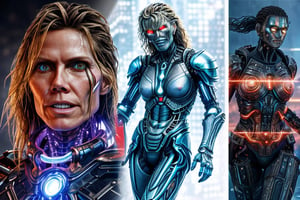 Biomechanical transformation sequence where the cybernetic warrior  morphs into Heidi Klum a battling against futuristic enemies in a dystopian cityscape. (very realistic:1.1)
