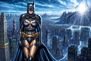 Batman: Portray Heidi Klum  as Gotham City's Dark Knight, perched on top of a skyscraper, surveying the city below with steely cold waterfalls, by Viktor Vasnetsov, concept art, fantasy cityscape, ancient Russian architecture, painted by Ivan Shishkin, hyperborea, high resolution, huge factories, trending on artstation