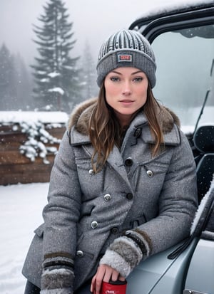  RAW photo of Olivia Wilde, sitting in outdoor car ,winter ,snowy , ((wearing cap)), (detailed face), grunge, ((visual kai)),  ((full body)), (high detailed skin:1.2), 8k uhd, dslr, soft lighting, high quality, film grain, Fujifilm XT3,SKS WOMAN