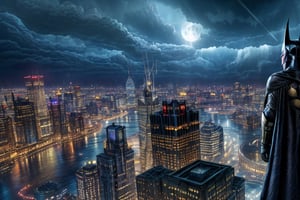 Batman: Portray Heidi Klum  as Gotham City's Dark Knight, perched on top of a skyscraper, surveying the city below with steely cold waterfalls, by Viktor Vasnetsov, concept art, fantasy cityscape, ancient Russian architecture, painted by Ivan Shishkin, hyperborea, high resolution, huge factories, trending on artstation