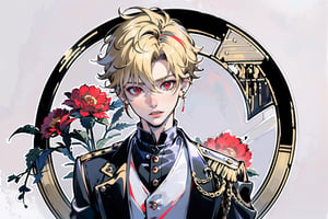 (top-quality:1.4,8K Super Detail CG Wallpapers),(cute young man,very short blond,sharp red eyes, strongly intimidate:1.2),katsuki bakugou,white  shirt,looking down,Black suit,with floral pattern,over the shoulder view,piercings,The background is in a dark room,outline