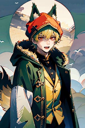 Top quality 17-year-old boy wears green coat with very short blonde hair, sharp red eyes and wolf ears, tail and fangs, hair and hood, Halloween, gentle atmosphere