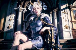 "(Masterpiece, highest quality, realistic), (complex, delicate, detailed skin and face), ((Amon Horn, sitting woman: 1.4)), gentle smile, piercing, ((short hair: 1.2) ) ), fur and navy coat, old church in the background, cinematic soft lighting, 8K high resolution CG.