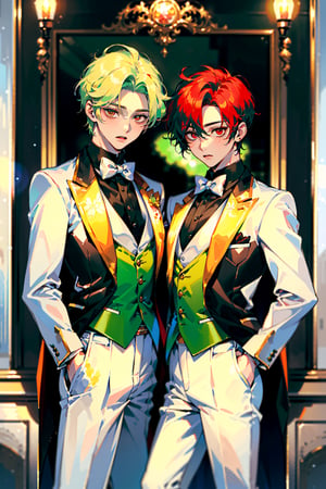 (Masterpiece: 1.4, top quality), two young men facing each other, (cool young man and white tuxedo with very short blonde hair and red eyes: 1.2), (cute young man and white tuxedo with green hair and big eyes: 1.2), dynamic pose, blush