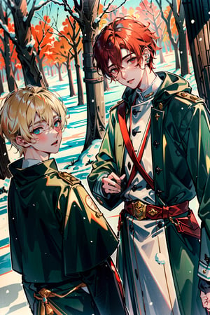 ((masterpiece: 1.4, best quality, delicate)), very short blonde hair, piercing red-eyed soldier, green short hair and big-eyed shepherd, blush, high angle, (2 male youths:1.5), Soldier and shepherd, snow and winter forest.,fate/stay background