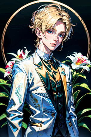 (top-quality:1.4,8K Super Detail CG Wallpapers),(cute young man,short blond,ref eyes:1.2),white  shirt,Black suit,with floral pattern,over the shoulder view,piercings,The background is in a dark room