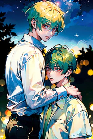 (​master piece:1.4)、Two young gay couple men facing each other、(Cool young man with very short blonde hair and red eyes white shirt:1.2)、(Cute slender young man with green hair and big eyes white shirt:1.2)、beautiful night sky on background