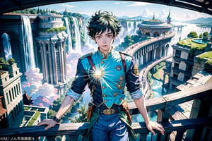 ((Masterpiece: 1.4, Best Quality)), ((Masterpiece, Best Quality)), Fisheye, One Standing Young Man,solo, Izuku Midoriya, Gentle Smile, Towering Buildings Rising from Stairs, Looking at the crumbling cityscape of the Highway, (Overlook: 1.3), River, Waterfall, Valley, (Green Big Eyes and Short Hair), Blue Sky, Beholder, Magnificent View, Lens Flare, Uniform, Cowboy Shot