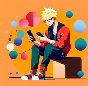 illustration, flat design, 1young man, solo, katsuki bakugou, (blond and very short hair:1.3), holding phone, sitting, flat color, circle, pants, long sleeves, 