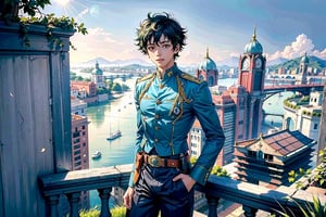 ((Masterpiece: 1.4, Best Quality)), ((Masterpiece, Best Quality)), Fisheye, One Standing Young Man,solo, Izuku Midoriya, Gentle Smile, Towering Buildings Rising from Stairs, Looking at the crumbling cityscape of the Highway, (Overlook: 1.3), River, Waterfall, Valley, (Green Big Eyes and Short Hair), Blue Sky, Beholder, Magnificent View, Lens Flare, Uniform, Cowboy Shot