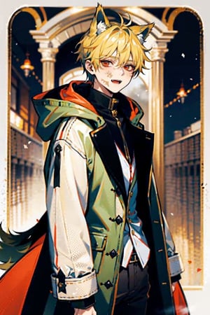 Top quality 17-year-old boy wears green coat with very short blonde hair, sharp red eyes and wolf ears, tail and fangs, hair and hood, Halloween, gentle atmosphere