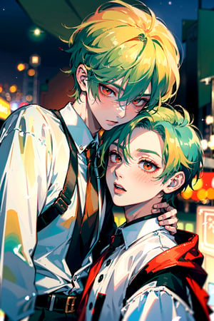 (​master piece:1.4)、Two young gay couple men facing each other、(Cool young man with very short blonde hair and red eyes white shirt:1.2)、(Cute slender young man with green hair and big eyes white shirt:1.2)、Dynamic Poses、red blush、beautiful night sky on background