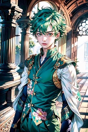 (top-quality:1.4,8K Super Detail CG Wallpapers),(cute young man,short green hair,green eyes, strongly intimidate:1.2),izuku midotiya,white  shirt,with floral pattern,over the shoulder view,piercings,The background is in a dark room,outline