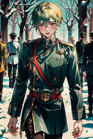 ((masterpiece: 1.4, best quality, delicate)), very short blonde hair, piercing red-eyed soldier, green short hair and big-eyed shepherd, blush, high angle, (2 male youths:1.5), Soldier and shepherd, snow and winter forest.,fate/stay background