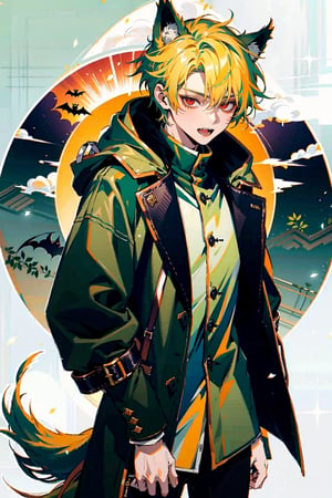 Top quality 17-year-old boy wears green coat with very short blonde hair, sharp red eyes and wolf ears, tail and fangs, hair and hood, Halloween, gentle atmosphere