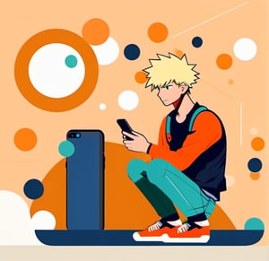 illustration, flat design, 1young man, solo, katsuki bakugou, (blond and very short hair:1.3), holding phone, sitting, flat color, circle, pants, long sleeves, 