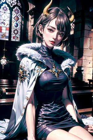 "(Masterpiece, highest quality, realistic), (complex, delicate, detailed skin and face), ((Amon Horn, sitting woman: 1.4)), gentle smile, piercing, ((short hair: 1.2) ) ), fur and navy coat, old church in the background, cinematic soft lighting, 8K high resolution CG.