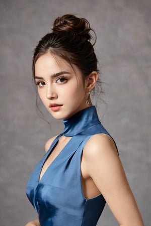 (glamour photography) photo of a gravure model in her 20s wearing blue dress, FilmGirl, (jawline:1.2), (blush:0.9), (goosebumps:0.5), {ponytail|long wavy hair}, textured skin, remarkable detailed pupils, realistic dull skin noise, visible skin detail, skin fuzz, dry skin, perfect body, (voluptuous:1.4), (petite:1.2), beautiful, masterpiece, hi-res, hdr, 8k, remarkable color, ultra realistic, (pretend to be a goddess imposing her beauty:1.4), (upper body from waist framing:1.6), (dfdd balcony:1.2), golden hour lighting, (ray tracing:1.2), subsurface scattering, {from above|from bottom}, shot on Pentax 645Z, RAW photo shot, Fujicolor Pro film