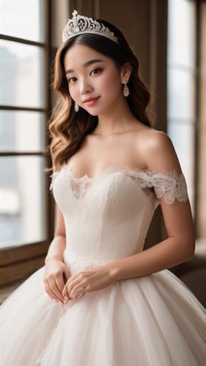 (glamour:1.3) photo of a beautiful (happy, teenage) woman with half_ponytail and visible collarbone, sexy_feminine bodyfigure, (gravure posing on a living room), BREAK wearing The Parisian Princess: A romantic off-the-shoulder ball gown with layers of tulle and delicate lace accents, finished with a tiara and satin gloves, BREAK realistic_skin, (photorealistic:1.3), remarkable color, photo r3al, (upper_body from hips framing:1.3), cinematic_lighting, rule_of_thirds, 50mm lens, Fujicolor_Pro_Film,