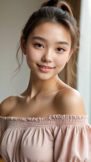 (glamour:1.3) photo of a beautiful (happy) young woman with messy_ponytail and visible collarbone, sexy_feminine bodyfigure, (gravure posing on a living room), BREAK wearing Cropped balloon sleeve blouse with a square neckline and smocked bodice, (blush, blemishes:0.6), (goosebumps:0.5), subsurface scattering, 1girl, expressive_face, detailed skin texture, (photorealistic:1.3), textured skin, realistic dull skin noise, visible skin detail, skin fuzz, remarkable color, photo r3al, aesthetic portrait, (upper_body from hips framing:1.3), rule_of_thirds, Fujicolor_Pro_Film,