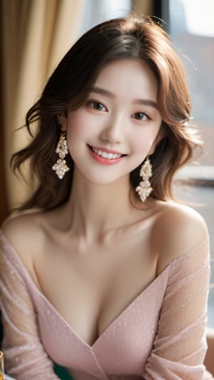 (glamour:1.3) photo of a beautiful smiling (young) woman\(girlfriend\) with messy_hair, sexy_feminine bodyfigure, (having a date on a restaurant:1.3), BREAK wearing elegant_dress in a vibrant color, long_sleeves, exposed_shoulder, mini_skirt, jewelries, BREAK (realistic_skin, photorealistic:1.3), glowy_skin, remarkable color, photo r3al, (upper_body from hips framing:1.3), soft_bounced_lighting, rule_of_thirds, 50mm lens, Fujicolor_Pro_Film,