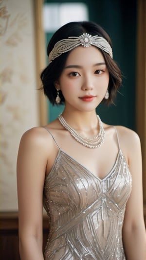 (glamour:1.3) photo of a beautiful (happy) young woman with clean_bobcut and visible collarbone, sexy_feminine bodyfigure, (gravure posing on a living room), BREAK wearing The Glamorous Gatsby: A beaded and sequined flapper-style dress with a dropped waistline, accessorized with a feathered headband and long beaded necklace, BREAK realistic_skin, (photorealistic:1.3), remarkable color, photo r3al, (upper_body from hips framing:1.3), rule_of_thirds, 50mm lens, Fujicolor_Pro_Film,